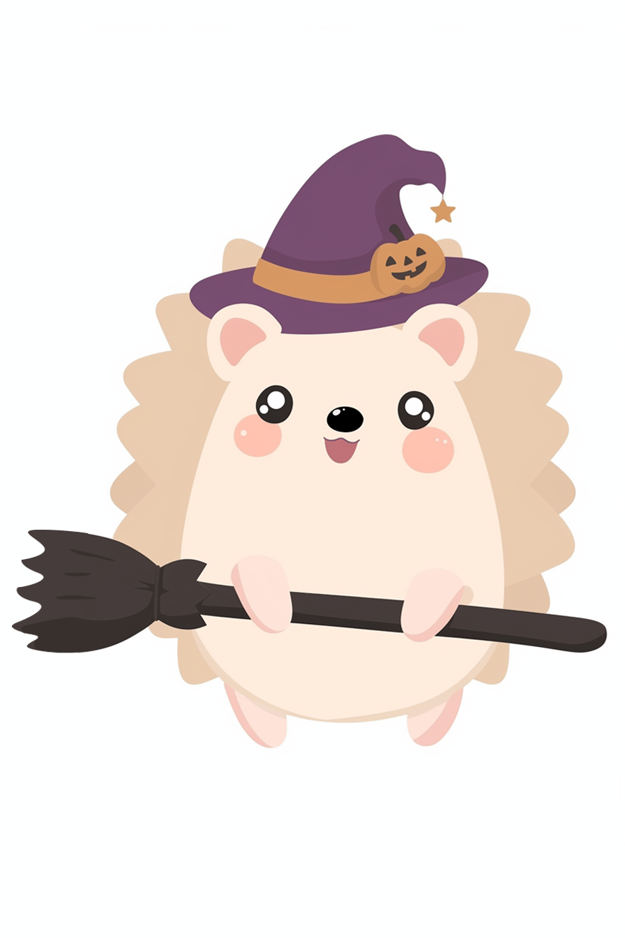 halloween cute animals drawings 2: A cute hedgehog dressed as a witch, flying on a broom with a purple hat adorned with a pumpkin.